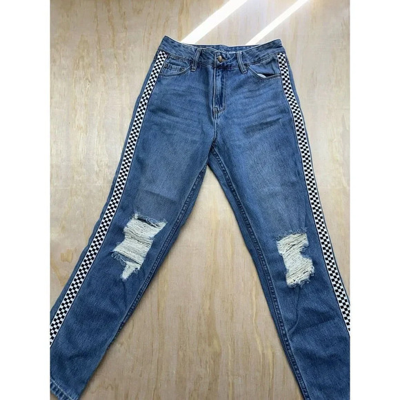 Empyre Denim - Empyre Eileen Mom Jeans Distressed Destroyed Checkered Side Trim Light Size 1